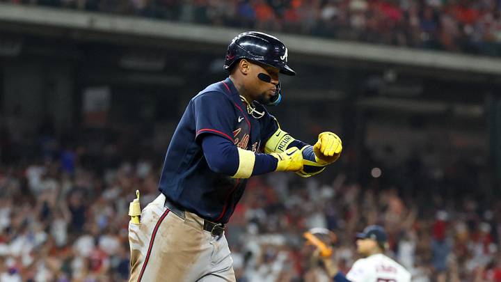 Sep 19, 2026; Houston, Texas, USA;  Atlanta Braves right fielder Ronald Acuna Jr. (13) reacts after hitting a grand slam home run against the Houston Astros in the seventh inning at Daikin Park.  Mandatory Credit: Thomas Shea-Imagn Images