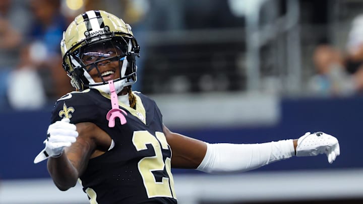 Sep 15, 2024; Arlington, Texas, USA;  New Orleans Saints wide receiver Rashid Shaheed (22) celebrates after catching a touchdown pass during the first quarter against the Dallas Cowboys at AT&T Stadium.