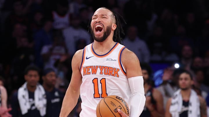 Dec 25, 2025; New York, New York, USA; New York Knicks guard Jalen Brunson (11) reacts during the fourth quarter against the Cleveland Cavaliers at Madison Square Garden. Mandatory Credit: Vincent Carchietta-Imagn Images