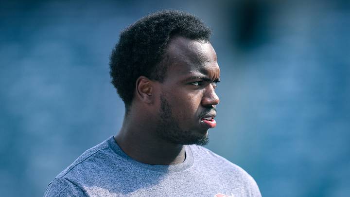 Tampa Bay Buccaneers linebacker Rueben Bain Jr. (3) warms up before a game against the New York Giants at MetLife Stadium. Tampa Bay Buccaneers linebacker Rueben Bain Jr. (3) warms up before a game against the New York Giants at MetLife Stadium.