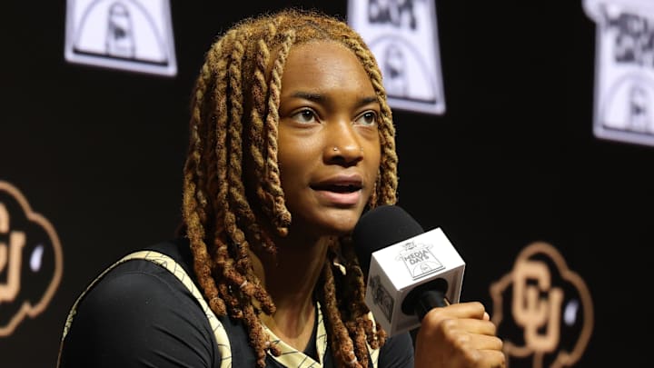 Oct 21, 2025; Kansas City, MO, USA; Coloradoís Jade Masogayo speaks to media during Big 12 Womenís Basketball Media Day at T-Mobile Center. Mandatory Credit: Sophia Scheller-Imagn Images