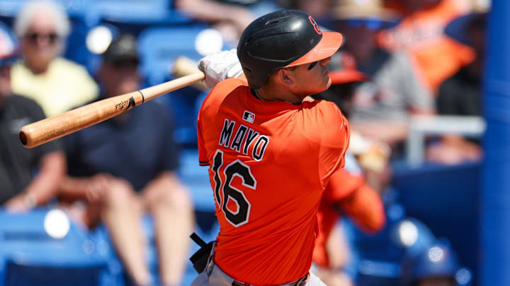 Mar 13, 2025; Dunedin, Florida, USA; Baltimore Orioles third baseman Coby Mayo (16) doubles against the Toronto Blue Jays in the second inning during spring training at TD Ballpark. Mar 13, 2025; Dunedin, Florida, USA; Baltimore Orioles third baseman Coby Mayo (16) doubles against the Toronto Blue Jays in the second inning during spring training at TD Ballpark.