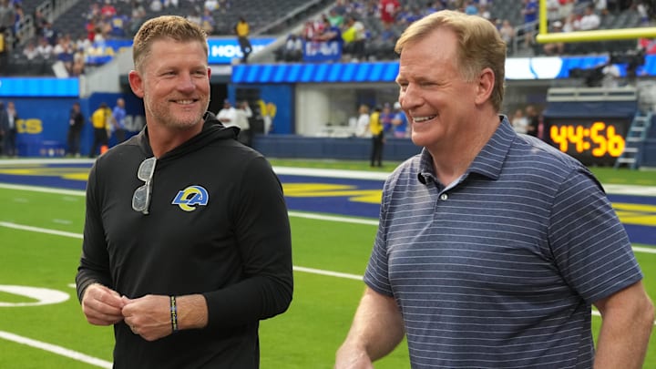 Sep 8, 2022; Inglewood, California, USA; Commissioner of the NFL Roger Goodell talks with Rams General Manager Les Snead before the game between the Los Angeles Rams and the Buffalo Bills at SoFi Stadium. Mandatory Credit: Kirby Lee-Imagn Images
