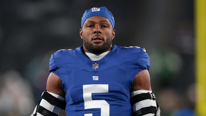 Oct 9, 2025; East Rutherford, New Jersey, USA; (Editors Notes: Caption Correction) New York Giants linebacker Kayvon Thibodeaux (5) looks on during warmups before the game against the Philadelphia Eagles at MetLife Stadium. Mandatory Credit: Vincent Carchietta-Imagn Images