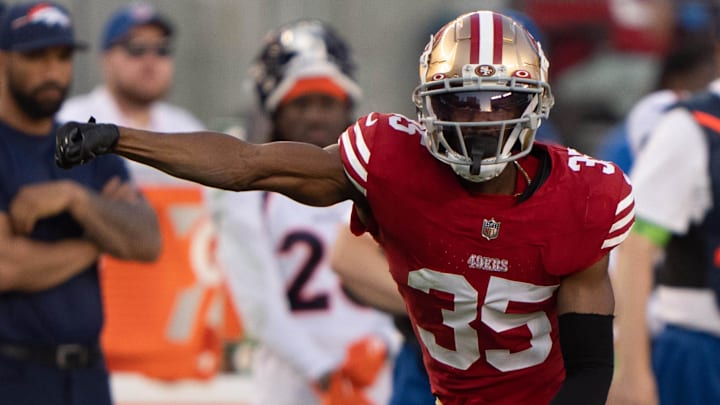 Aug 19, 2023; Santa Clara, California, USA;  San Francisco 49ers cornerback Tre Swilling (35) reacts after defending the ball against Denver Broncos wide receiver Kendall Hinton (9) during the third quarter at Levi's Stadium.