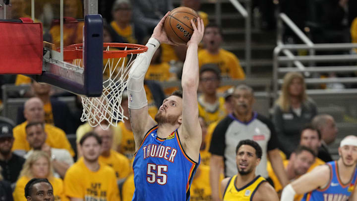 Jun 11, 2025; Indianapolis, Indiana, USA; Oklahoma City Thunder center Isaiah Hartenstein (55) dunks against the Indiana Pacers during the first half during game three of the 2025 NBA Finals at Gainbridge Fieldhouse. Mandatory Credit: Kyle Terada-Imagn Images Jun 11, 2025; Indianapolis, Indiana, USA; Oklahoma City Thunder center Isaiah Hartenstein (55) dunks against the Indiana Pacers during the first half during game three of the 2025 NBA Finals at Gainbridge Fieldhouse. Mandatory Credit: Kyle Terada-Imagn Images