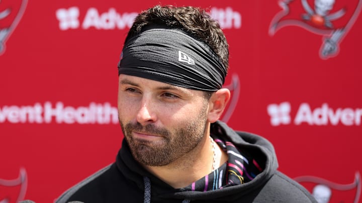 Jun 10, 2025; Tampa Bay, FL, USA; Tampa Bay Buccaneers quarterback Baker Mayfield (6) gives a press conference after mini camp at AdventHealth Training Center. Mandatory Credit: Nathan Ray Seebeck-Imagn Images