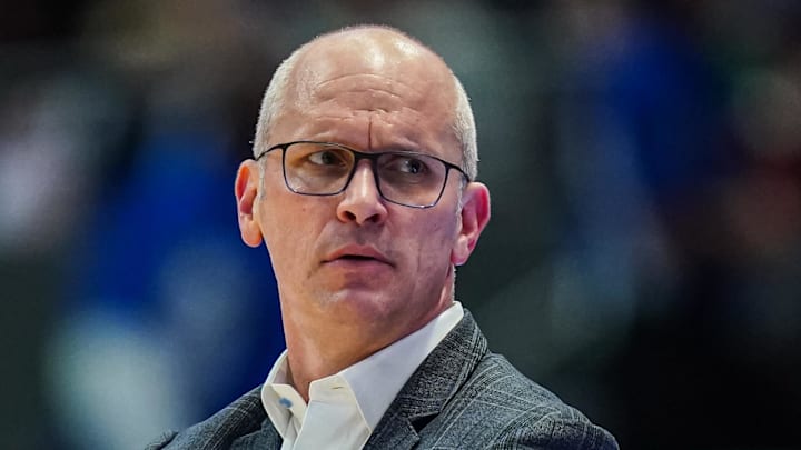 Jan 10, 2026; Hartford, Connecticut, USA; UConn Huskies head coach Dan Hurley watches from the sideline as they take on the DePaul Blue Demons at PeoplesBank Arena. Mandatory Credit: David Butler II-Imagn Images