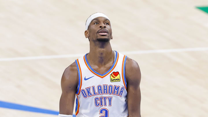 Jun 16, 2025; Oklahoma City, Oklahoma, USA; Oklahoma City Thunder guard Shai Gilgeous-Alexander (2) looks on during the fourth quarter against the Indiana Pacers in game five of the 2025 NBA Finals at Paycom Center. Mandatory Credit: Alonzo Adams-Imagn Images