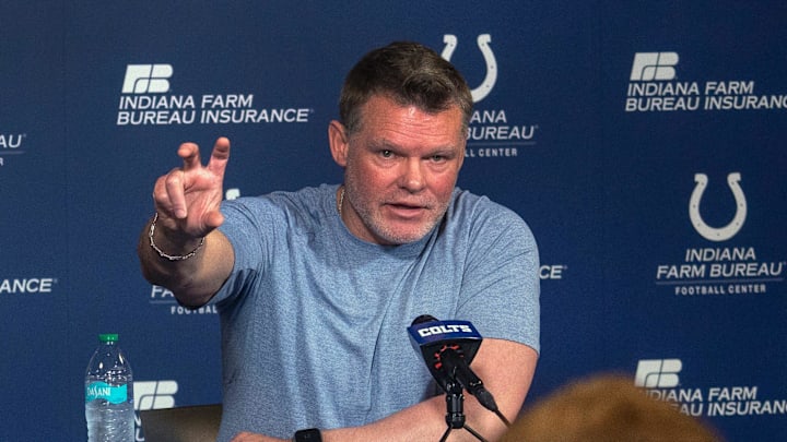 Indianapolis Colts General Manager Chris Ballard speaks to the press in a pre-draft press conference Monday, April 21, 2025 at the Colts headquarters, the Indiana Farm Bureau Football Center.