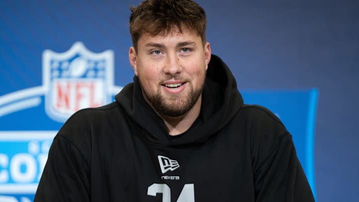 Feb 28, 2026; Indianapolis, IN, USA; Georgia offensive lineman Monroe Freeling (OL24) speaks to members of the media during the NFL Combine at the Indiana Convention Center. Mandatory Credit: Jacob Musselman-Imagn Images