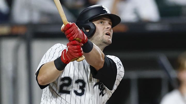 Former Arkansas Razorback turned Chicago White Sox left fielder Andrew Benintendi (23) eyes a solo home run against the Kansas City Royals during the fourth inning at Rate Field on August 27. Former Arkansas Razorback turned Chicago White Sox left fielder Andrew Benintendi (23) eyes a solo home run against the Kansas City Royals during the fourth inning at Rate Field on August 27.