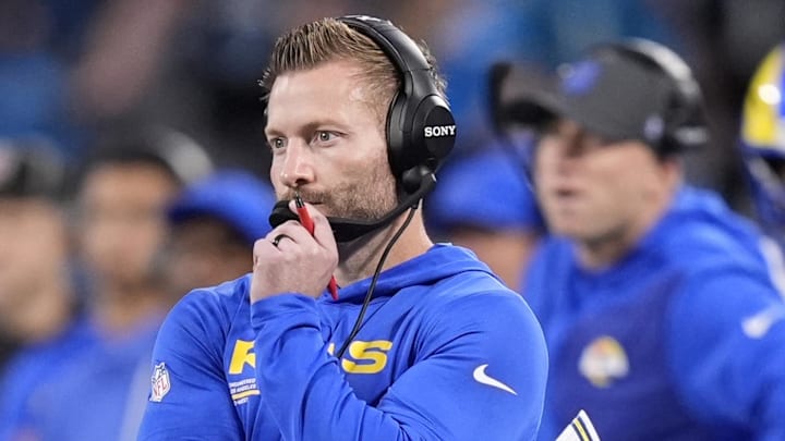 Jan 10, 2026; Charlotte, NC, USA; Los Angeles Rams head coach Sean McVay in the first half during the NFC Wild Card Round game at Bank of America Stadium. Mandatory Credit: Jim Dedmon-Imagn Images