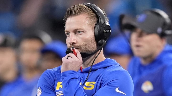 Jan 10, 2026; Charlotte, NC, USA; Los Angeles Rams head coach Sean McVay in the first half during the NFC Wild Card Round game at Bank of America Stadium. Mandatory Credit: Jim Dedmon-Imagn Images