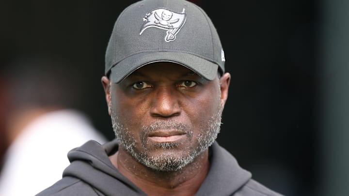 Dec 28, 2025; Miami Gardens, Florida, USA; Tampa Bay Buccaneers head coach Todd Bowles walks around the field during warmups prior to a game against the Miami Dolphins at Hard Rock Stadium. Mandatory Credit: Nathan Ray Seebeck-Imagn Images