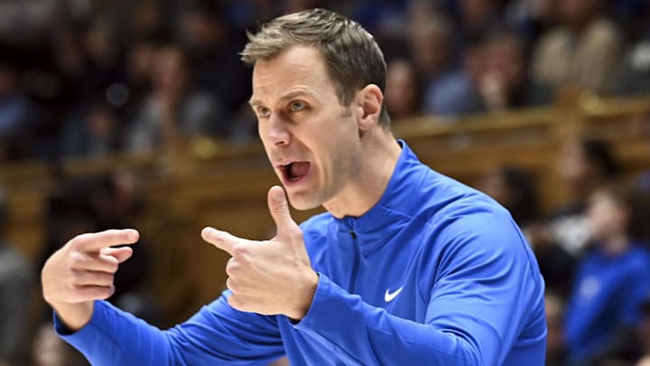 Jan 24, 2026; Durham, North Carolina, USA; Duke Blue Devils head coach Jon Scheyer directs his team during the first half against the Wake Forest Demon Deacons at Cameron Indoor Stadium. Mandatory Credit: Rob Kinnan-Imagn Images