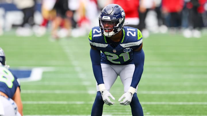 Sep 7, 2025; Seattle, Washington, USA; Seattle Seahawks cornerback Devon Witherspoon (21) warms up before the game against the San Francisco 49ers at Lumen Field.