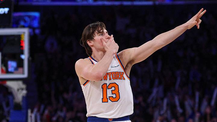 New York Knicks guard Tyler Kolek (13) reacts after making a three point basket during the second half against the Cleveland Cavaliers at Madison Square Garden. New York Knicks guard Tyler Kolek (13) reacts after making a three point basket during the second half against the Cleveland Cavaliers at Madison Square Garden.