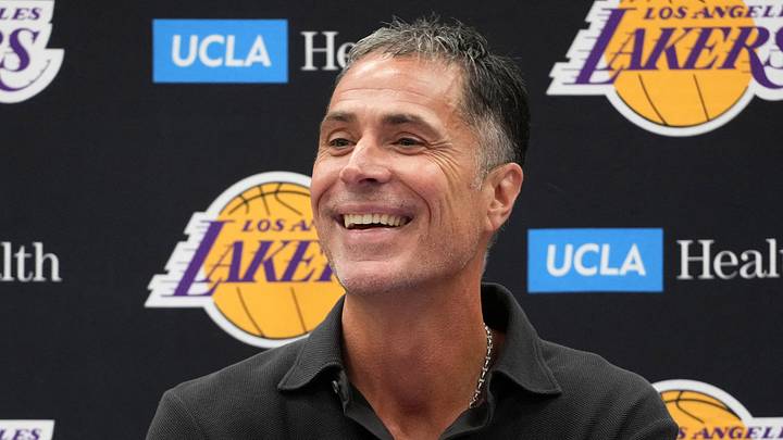Sep 25, 2024; El Segundo, CA, USA; Los Angeles Lakers general manager Rob Pelinka at press conference at UCLA Health Training Center. Mandatory Credit: Kirby Lee-Imagn Images