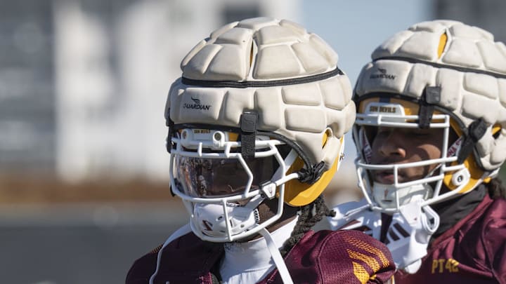 Omarion Miller (#4 WR) during ASU football practice at Kajikawa Practice fields in Tempe, Arizona, on March 19, 2026.