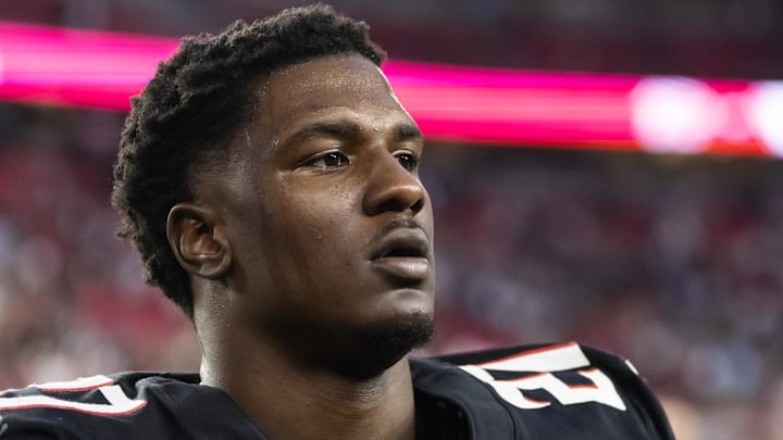 Dec 21, 2025; Glendale, Arizona, USA; Atlanta Falcons linebacker James Pearce Jr. (27) against the Arizona Cardinals at State Farm Stadium. Mandatory Credit: Mark J. Rebilas-Imagn Images