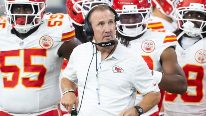 Aug 9, 2025; Glendale, Arizona, USA; Kansas City Chiefs defensive coordinator Steve Spagnuolo against the Arizona Cardinals during a preseason NFL game at State Farm Stadium. Mandatory Credit: Mark J. Rebilas-Imagn Images