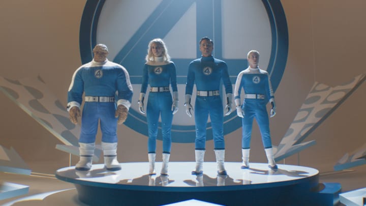 (L-R): Ebon Moss-Bachrach as Ben Grimm/The Thing, Vanessa Kirby as Sue Storm/Invisible Woman, Pedro Pascal as Reed Richards/Mister Fantastic and Joseph Quinn as Johnny Storm/Human Torch in 20th Century Studios/Marvel Studios' THE FANTASTIC FOUR: FIRST STEPS. Photo courtesy of 20th Century Studios/Marvel Studios. © 2025 20th Century Studios / © and ™ 2025 MARVEL. (L-R): Ebon Moss-Bachrach as Ben Grimm/The Thing, Vanessa Kirby as Sue Storm/Invisible Woman, Pedro Pascal as Reed Richards/Mister Fantastic and Joseph Quinn as Johnny Storm/Human Torch in 20th Century Studios/Marvel Studios' THE FANTASTIC FOUR: FIRST STEPS. Photo courtesy of 20th Century Studios/Marvel Studios. © 2025 20th Century Studios / © and ™ 2025 MARVEL.