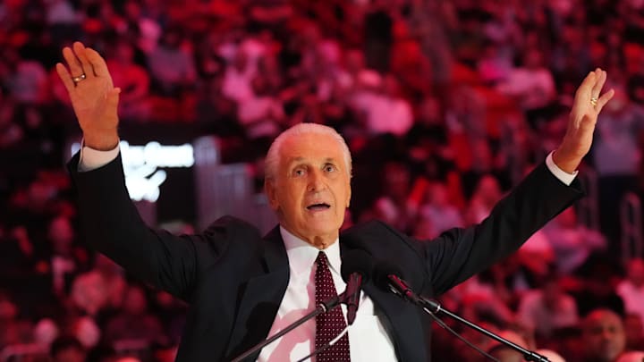 Oct 23, 2024; Miami, Florida, USA;  Miami Heat president Pat Riley addresses the crowd during the Pat Riley Court dedication ceremony at halftime at Kaseya Center. Mandatory Credit: Jim Rassol-Imagn Images