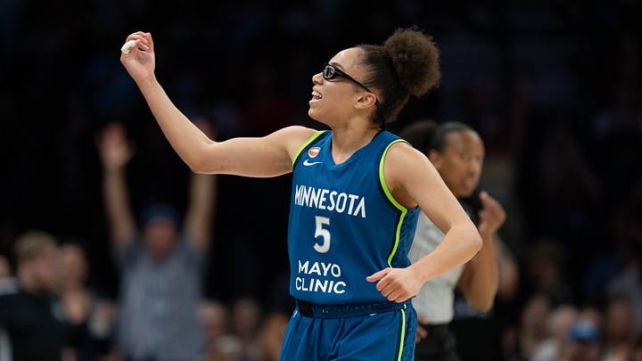 Jun 6, 2026; Minneapolis, Minnesota, USA; Minnesota Lynx guard Olivia Miles (5) reacts to making a shot against the Seattle Storm in the second half at Target Center. Mandatory Credit: Jesse Johnson-Imagn Images Jun 6, 2026; Minneapolis, Minnesota, USA; Minnesota Lynx guard Olivia Miles (5) reacts to making a shot against the Seattle Storm in the second half at Target Center. Mandatory Credit: Jesse Johnson-Imagn Images