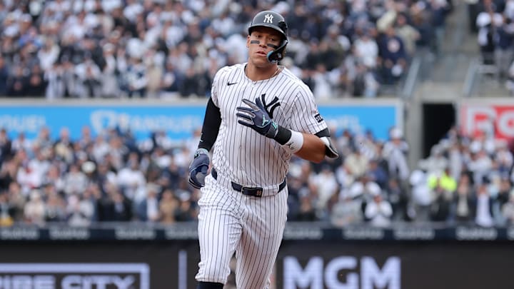 Mar 30, 2025; Bronx, New York, USA; New York Yankees right fielder Aaron Judge (99) rounds the bases after hitting a two run home run against the Milwaukee Brewers during the first inning at Yankee Stadium. Mar 30, 2025; Bronx, New York, USA; New York Yankees right fielder Aaron Judge (99) rounds the bases after hitting a two run home run against the Milwaukee Brewers during the first inning at Yankee Stadium.