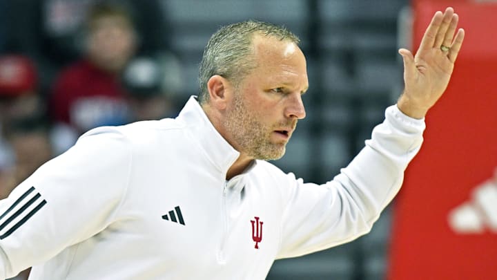 Indiana Hoosiers coach Darian DeVries celebrates against the Lindenwood Lions at Simon Skjodt Assembly Hall. 