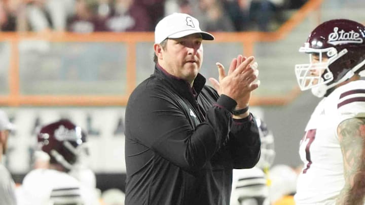Mississippi State coach Jeff Lebby before an NCAA college football game against the Tennessee Volunteers at Neyland Stadium in Knoxville, Tenn.