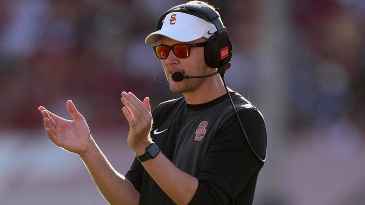 Southern California Trojans head coach Lincoln Riley watches from the sidelines against the Missouri State Bears in the first half at United Airlines Field at Los Angeles Memorial Coliseum. Southern California Trojans head coach Lincoln Riley watches from the sidelines against the Missouri State Bears in the first half at United Airlines Field at Los Angeles Memorial Coliseum.