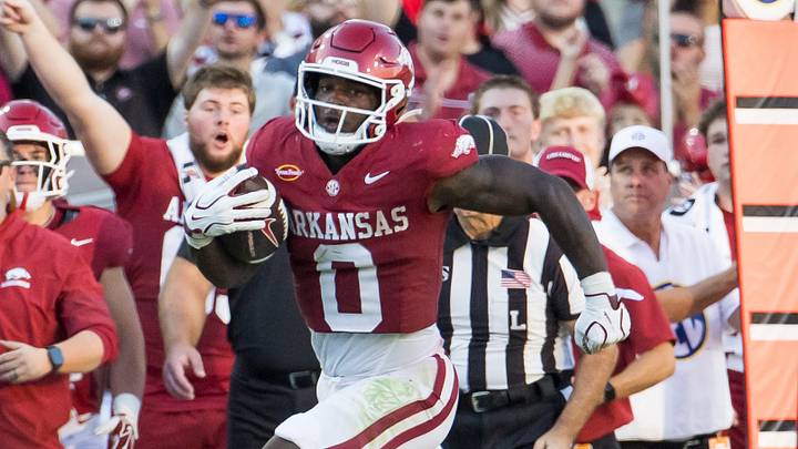 Arkansas Razorbacks running back Braylen Russell (0) runs the ball during the third quarter against the Arkansas Razorbacks at Donald W. Reynolds Razorback Stadium. Arkansas Razorbacks running back Braylen Russell (0) runs the ball during the third quarter against the Arkansas Razorbacks at Donald W. Reynolds Razorback Stadium.