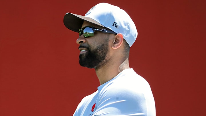 Cleveland Browns general manager Andrew Berry watches practice during day two of NFL rookie minicamp at the Cleveland Browns training facility on Saturday, May 10, 2025, in Berea, Ohio.