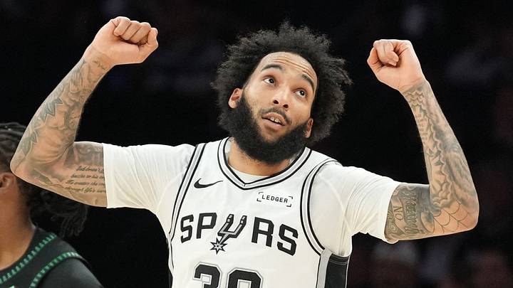 May 15, 2026; Minneapolis, Minnesota, USA; San Antonio Spurs forward Julian Champagnie (30) celebrates making a three point shot against the Minnesota Timberwolves in the second half during game six of the second round of the 2026 NBA Playoffs at Target Center. Mandatory Credit: Jesse Johnson-Imagn Images May 15, 2026; Minneapolis, Minnesota, USA; San Antonio Spurs forward Julian Champagnie (30) celebrates making a three point shot against the Minnesota Timberwolves in the second half during game six of the second round of the 2026 NBA Playoffs at Target Center. Mandatory Credit: Jesse Johnson-Imagn Images