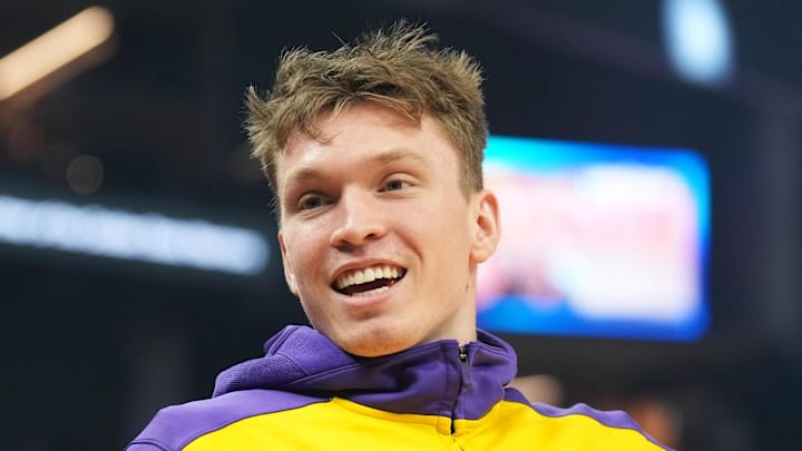 Jan 25, 2025; San Francisco, California, USA; Los Angeles Lakers guard Dalton Knecht (4) before the game against the Golden State Warriors at Chase Center. Mandatory Credit: Darren Yamashita-Imagn Images