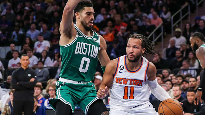 Nov 5, 2022; New York, New York, USA;  Boston Celtics forward Jayson Tatum (0) and New York Knicks guard Jalen Brunson (11) at Madison Square Garden. Mandatory Credit: Wendell Cruz-Imagn Images