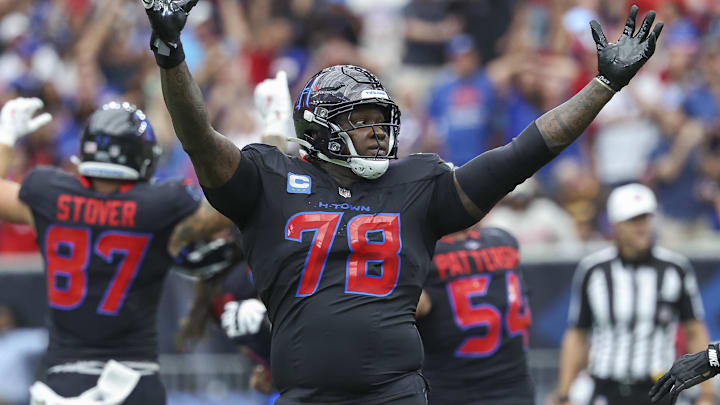 Oct 6, 2024; Houston, Texas, USA; Houston Texans offensive tackle Laremy Tunsil (78) celebrates after the Texans defeated the Buffalo Bills at NRG Stadium. Mandatory Credit: Troy Taormina-Imagn Images
