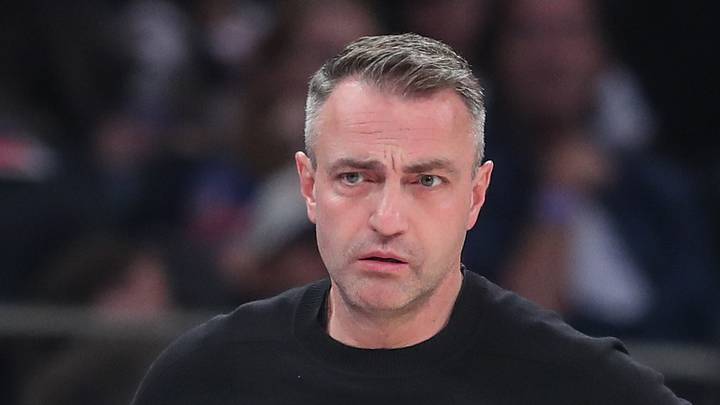 Toronto Raptors head coach Darko Rajakovic watches from the bench in the first quarter against the New York Knicks.