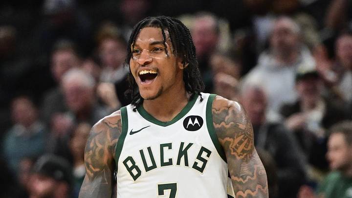 Milwaukee Bucks guard Kevin Porter (7) reacts after leading the  Bucks to a win over the Miami Heat at Fiserv Forum on February 24, 2026.