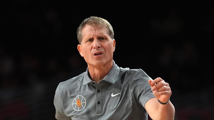 Feb 21, 2026; Los Angeles, California, USA; Southern California Trojans head coach Eric Musselman reacts against the Oregon Ducks in the second half at Galen Center. Mandatory Credit: Kirby Lee-Imagn Images