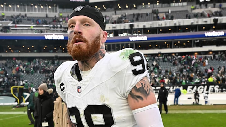 Dec 14, 2025; Philadelphia, Pennsylvania, USA; Las Vegas Raiders defensive end Maxx Crosby (98) on the field after loss to the Philadelphia Eagles at Lincoln Financial Field. Mandatory Credit: Eric Hartline-Imagn Images