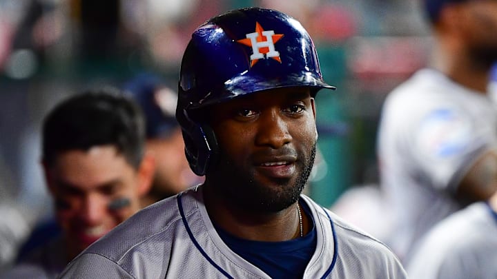 Sep 13, 2024; Anaheim, California, USA; Houston Astros designated hitter Yordan Alvarez (44) reacts after hitting a solo home run against the Los Angeles Angels during the ninth inning at Angel Stadium