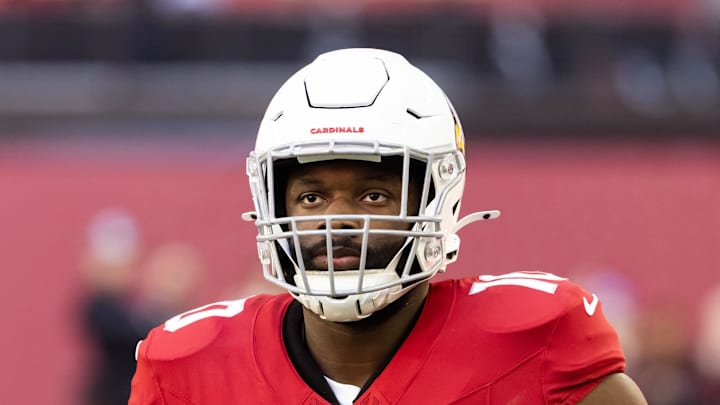 Dec 7, 2025; Glendale, Arizona, USA; Arizona Cardinals linebacker Josh Sweat (10) against the Los Angeles Rams at State Farm Stadium. Mandatory Credit: Mark J. Rebilas-Imagn Images