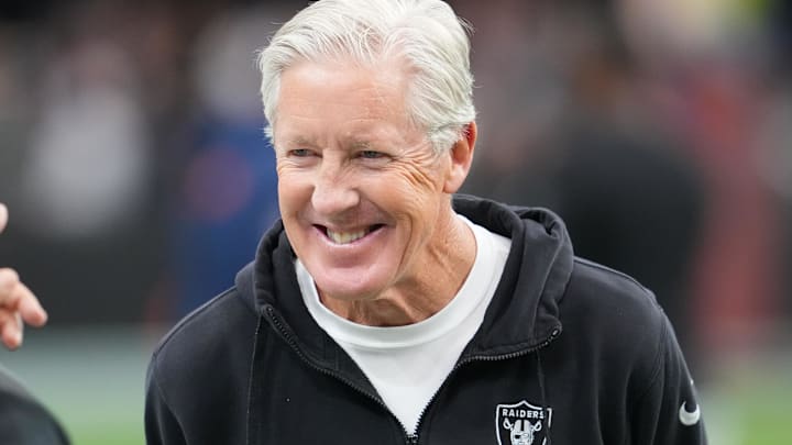 Dec 7, 2025; Paradise, Nevada, USA;  Las Vegas Raiders head coach Pete Carroll on the field prior to a game against the Denver Broncos at Allegiant Stadium. Mandatory Credit: Stephen R. Sylvanie-Imagn Images