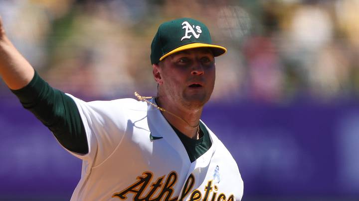 Jun 21, 2026; West Sacramento, California, USA; Athletics pitcher Jack Perkins (50) throws to a Los Angeles Angels batter during the first inning at Sutter Health Park. Mandatory Credit: Scott Marshall-Imagn Images