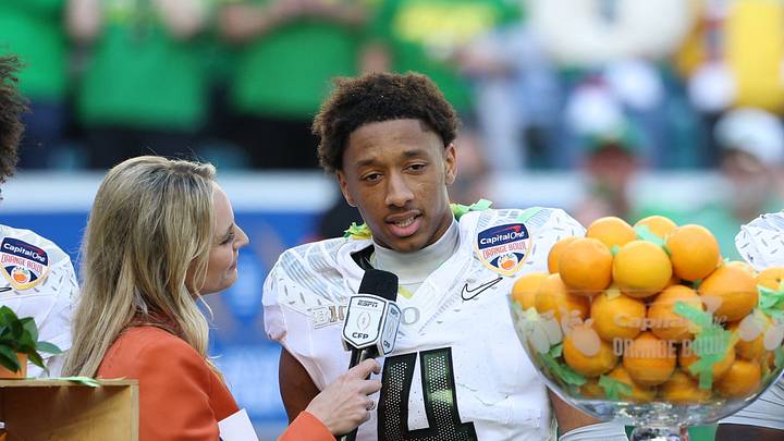 Jan 1, 2026; Miami Gardens, FL, USA; Oregon Ducks defensive back Brandon Finney (4) is interviewed by. ESPN’s Katie George following the 2025 Orange Bowl and quarterfinal game of the College Football Playoff against the Texas Tech Red Raiders at Hard Rock Stadium. Jan 1, 2026; Miami Gardens, FL, USA; Oregon Ducks defensive back Brandon Finney (4) is interviewed by. ESPN’s Katie George following the 2025 Orange Bowl and quarterfinal game of the College Football Playoff against the Texas Tech Red Raiders at Hard Rock Stadium.