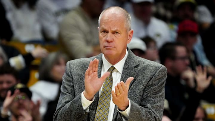 Mar 7, 2026; Boulder, Colorado, USA; Colorado Buffaloes head coach Tad Boyle reacts in the first half against the Arizona Wildcats at the CU Events Center. 