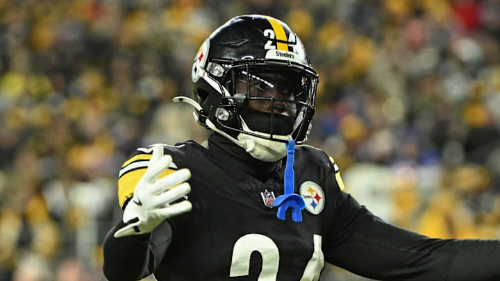 Nov 30, 2025; Pittsburgh, Pennsylvania, USA; Pittsburgh Steelers cornerback Joey Porter Jr. (24) reacts against the Buffalo Bills during the second half at Acrisure Stadium. Mandatory Credit: Barry Reeger-Imagn Images Nov 30, 2025; Pittsburgh, Pennsylvania, USA; Pittsburgh Steelers cornerback Joey Porter Jr. (24) reacts against the Buffalo Bills during the second half at Acrisure Stadium. Mandatory Credit: Barry Reeger-Imagn Images